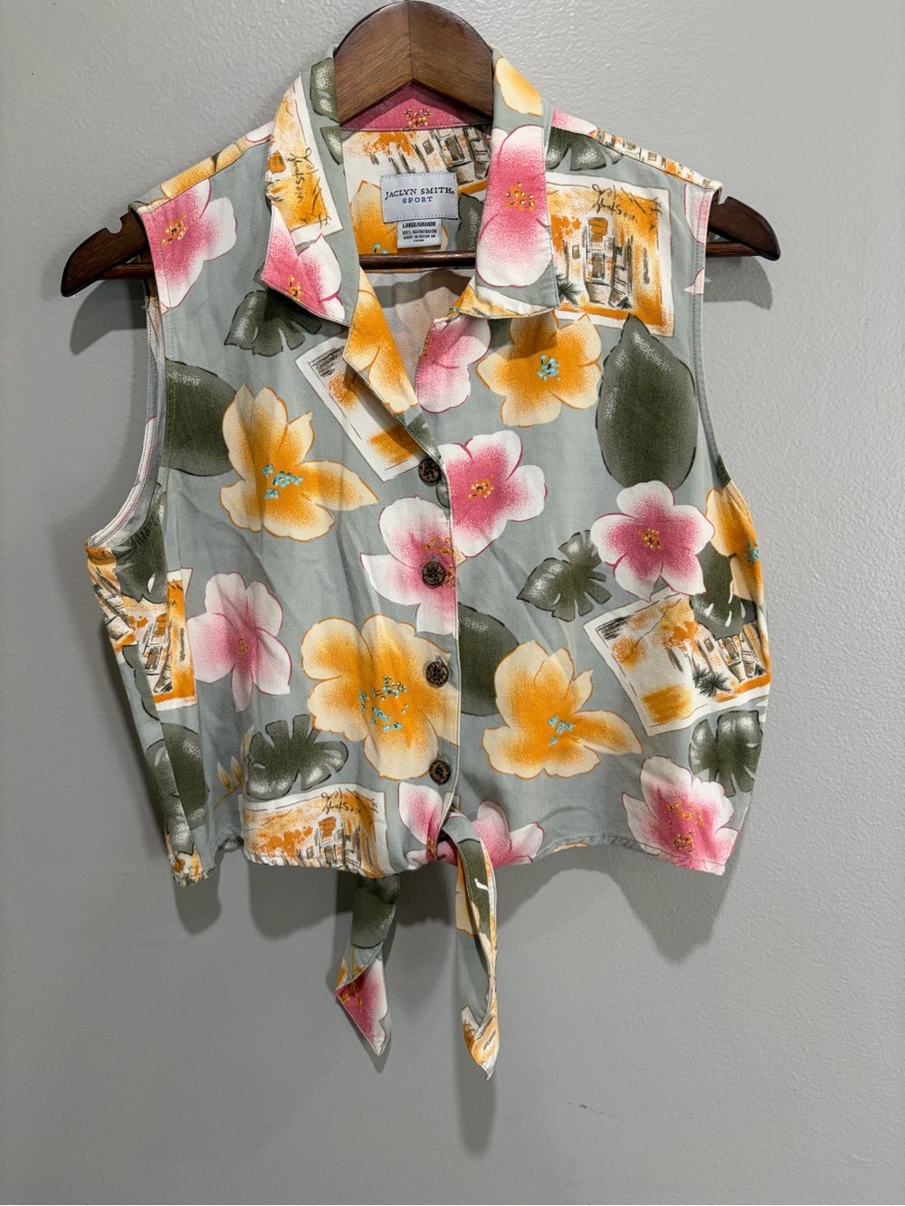 Vintage Jaclyn Smith Floral Tie-Front Crop Top - Gray with Pink & Yellow Flowers